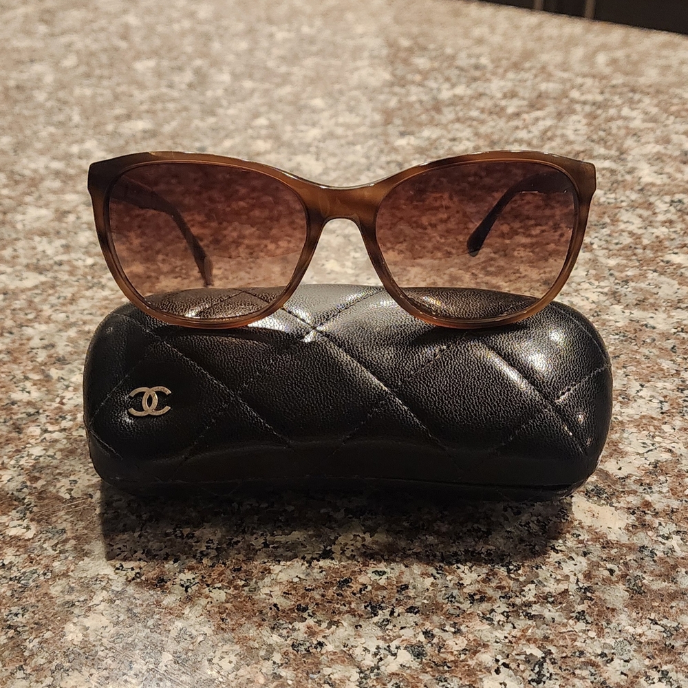 CHANEL Brown and Black Sunglasses with Quilted Case